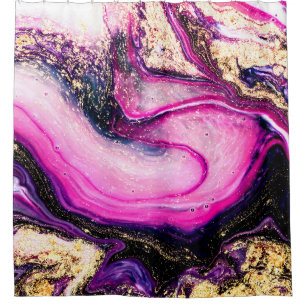 Purple swirls marble with glitter gold shower curtain