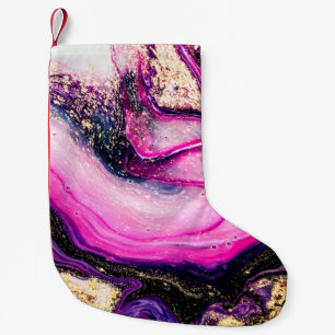 Purple swirls marble with glitter gold small christmas stocking