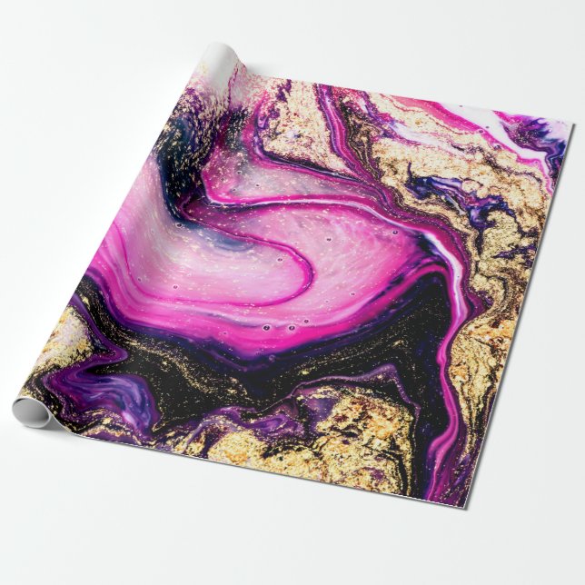 Purple swirls marble with glitter gold wrapping paper (Unrolled)