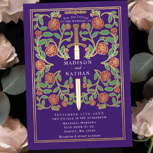 Purple Sword Floral Medieval Fantasy Wedding  Invitation