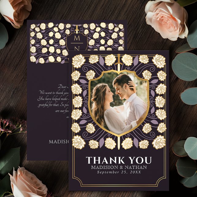 Purple Sword & Shield Mediaeval Fantasy Wedding Thank You Card (Creator Uploaded)