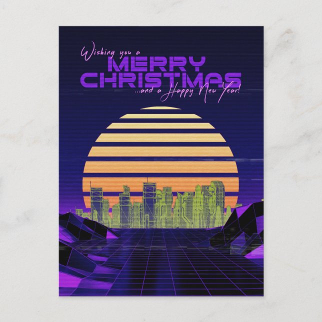 Purple Synthwave Christmas Holiday Postcard (Front)