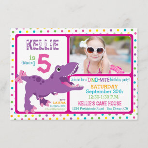 Purple T-Rex Dinosaur Polka Dot Birthday Invitation
