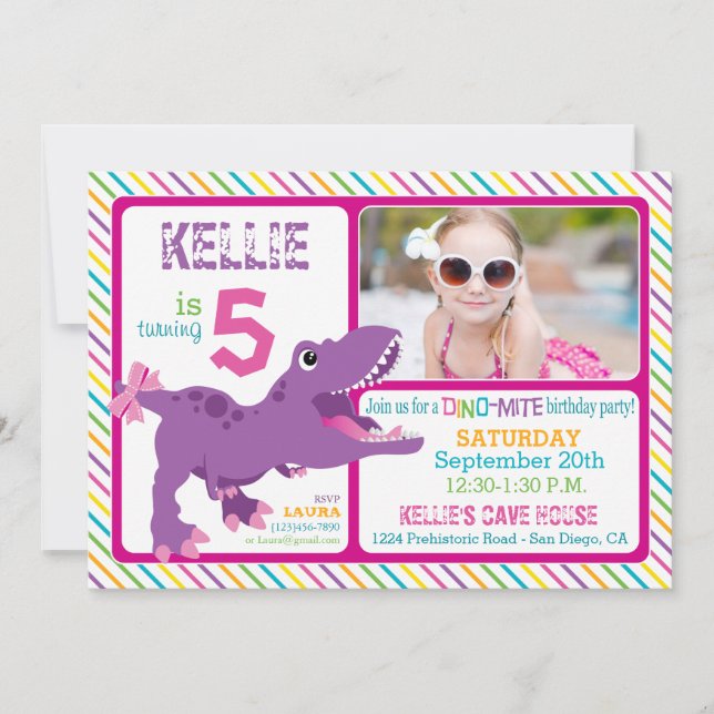 Purple T-Rex Dinosaur Stripe Birthday Invitation (Front)