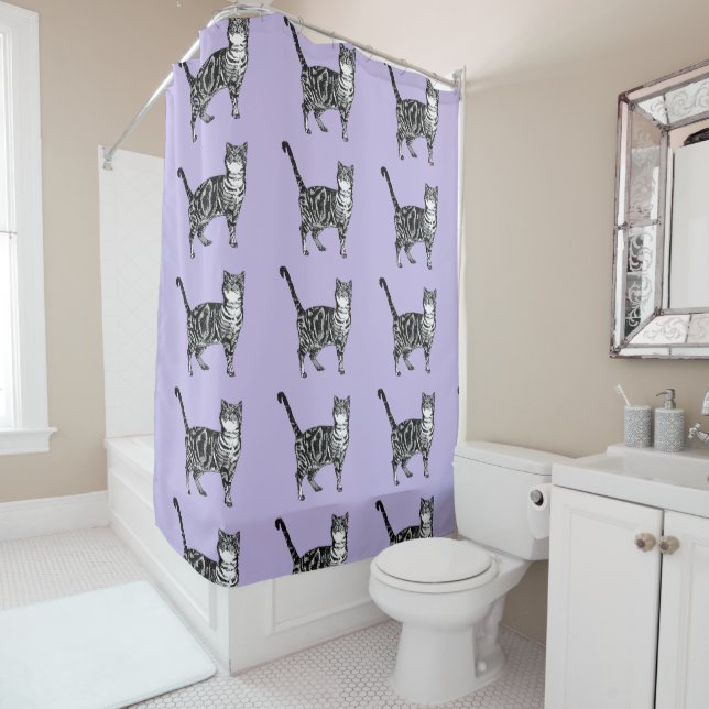 Purple Tabby Cat Cute Cats Art Shower Curtain (In Situ)