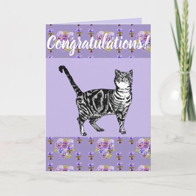 Purple Tabby Cat Floral Conrgatulations art Card (Front)
