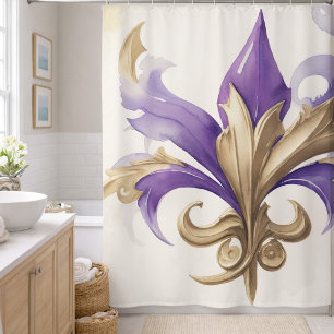 Purple Tan Fleur de Lis Watercolor Shower Curtain
