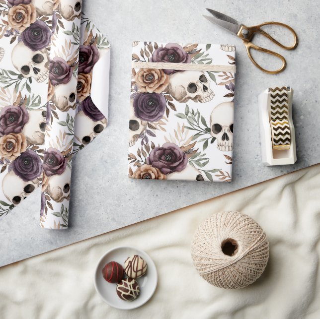Purple Tan Floral Skulls Birthday Wrapping Paper (Crafts)