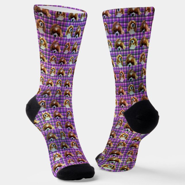 Purple Tartan Cavalier Spaniels, Crew Socks (Angled)