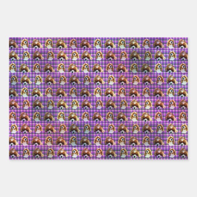 Purple Tartan Cavalier Spaniels, Gift Wrap Sheets, (Front)