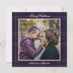 Purple Tartan Minimalist Photo Christmas Holiday Card