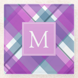 Purple Tartan Monogram Glass Coaster