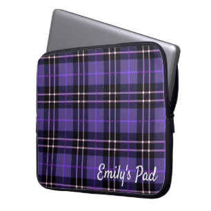 Purple Tartan Plaid With Name Laptop Sleeve