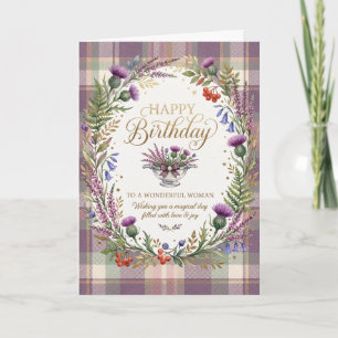 Purple Tartan Thistle Birthday Card