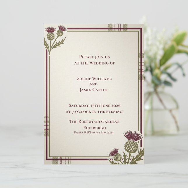Purple Tartan Thistle Corner Scottish Wedding Invitation (Standing Front)