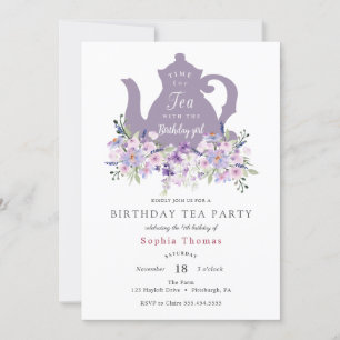 Purple Tea Party Birthday Invitation