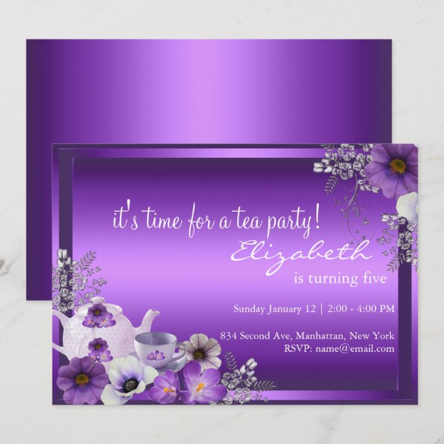 Purple Tea Party Kids Birthday Invitation (Front/Back)