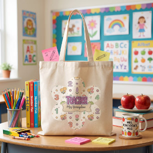 Purple Teacher School Numbers Pattern Tote Bag