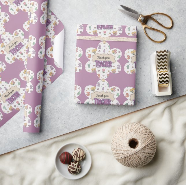Purple Teacher School Numbers Pattern  Wrapping Paper (Crafts)