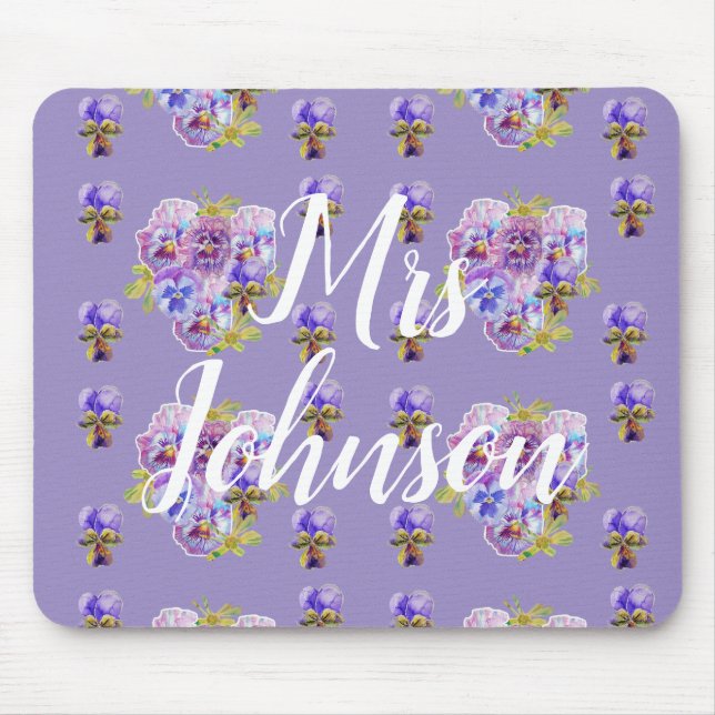 Purple Teachers Name floral Computer Mouse Mat Pad (Front)