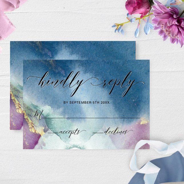 Purple, Teal and Blue Watercolor Wedding RSVP Card (Creator Uploaded)