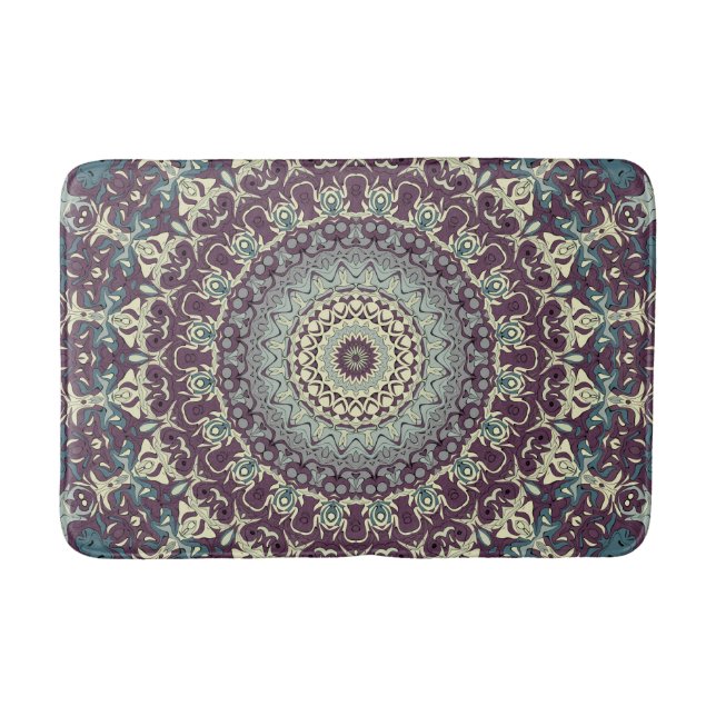 Purple Teal and Cream Mandala Pattern Bath Mat (Front)
