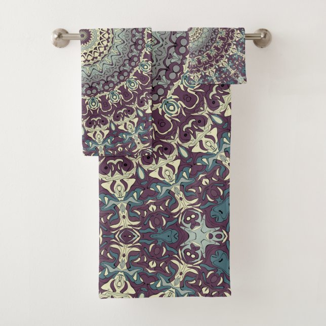 Purple Teal and Cream Mandala Pattern Bath Towel Set (Insitu)