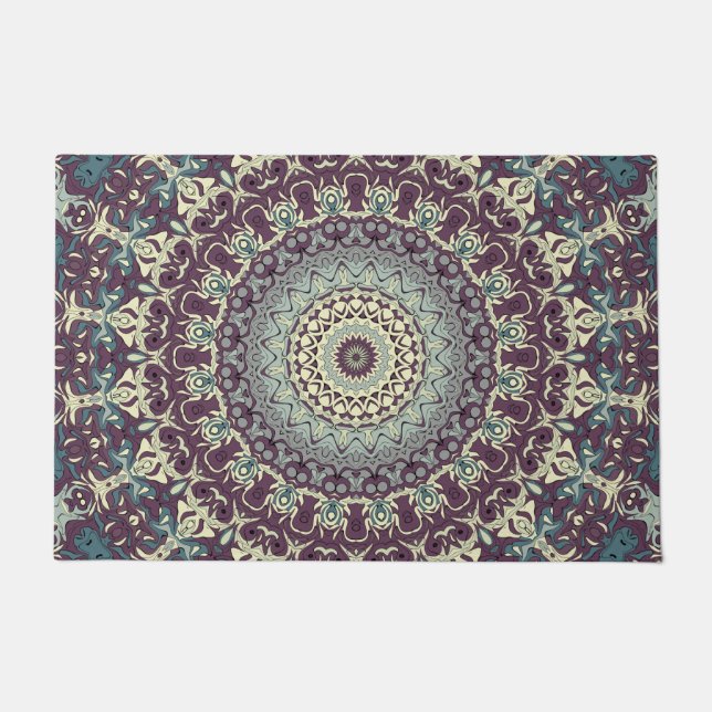 Purple Teal and Cream Mandala Pattern Doormat (Front)