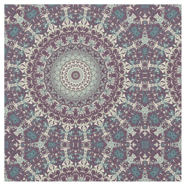 Purple Teal and Cream Mandala Pattern Fabric (Close Up)