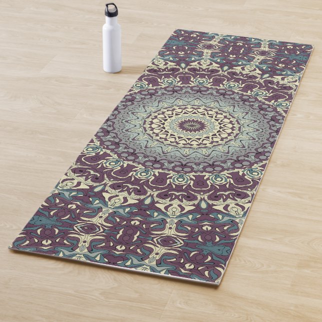 Purple Teal and Cream Mandala Pattern Yoga Mat (In Situ)