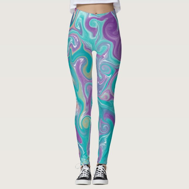 Purple, Teal and Gold Swirls Fluid Art Marble Leggings (Front)
