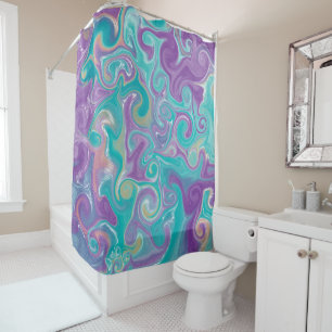 Purple, Teal and Gold Swirls Fluid Art Shower Curtain