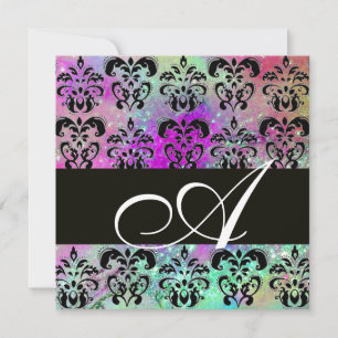 PURPLE TEAL AQUA BLUE  BLACK  DAMASK MONOGRAM INVITATION
