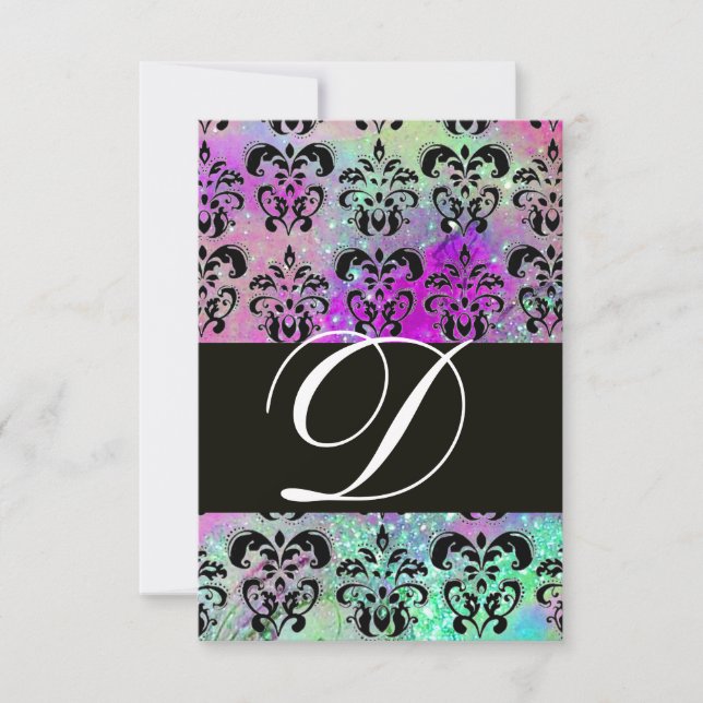 PURPLE TEAL AQUA BLUE  BLACK  DAMASK MONOGRAM RSVP (Front)
