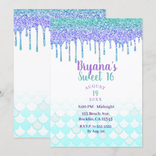 Purple & Teal Aqua Glitter Drip Mermaid Sweet 16 Invitation
