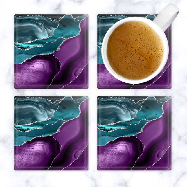 Purple Teal Blue Agate Silver Glitter Glass Coaster (Creator Uploaded)