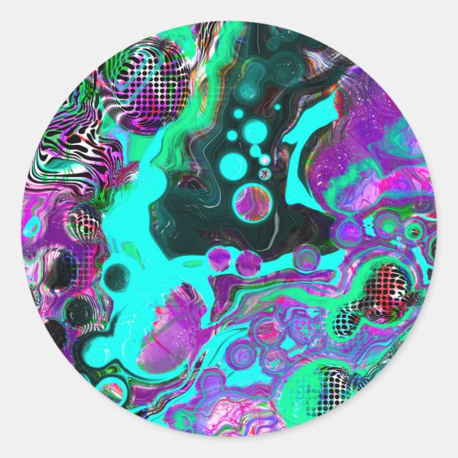 Purple, Teal, Blue, Black Colourful Abstract Fluid Classic Round Sticker (Front)