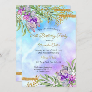 Purple Teal Blue Gold Floral Birthday Party Invitation