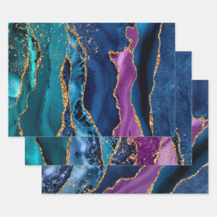 Purple, Teal & Blue & Gold Glitter Peacock Agate Wrapping Paper Sheet