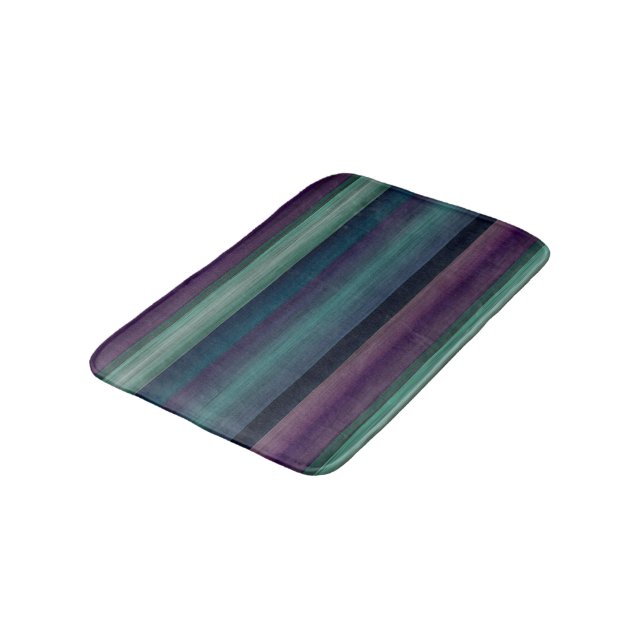 Purple Teal Blue Green Watercolor Stripes Pattern Bath Mat (Angled)