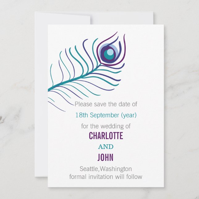 Purple teal blue peacock wedding save the dates save the date (Front)