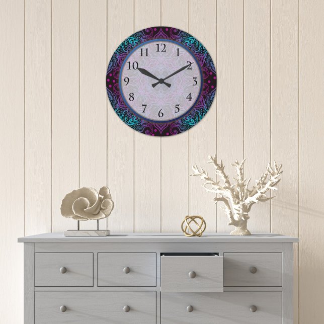 Purple Teal Blue Snowflake Mandala Flourish Large Clock (Creator Uploaded)