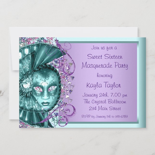 Purple Teal Blue Sweet Sixteen Masquerade Party Invitation (Front)