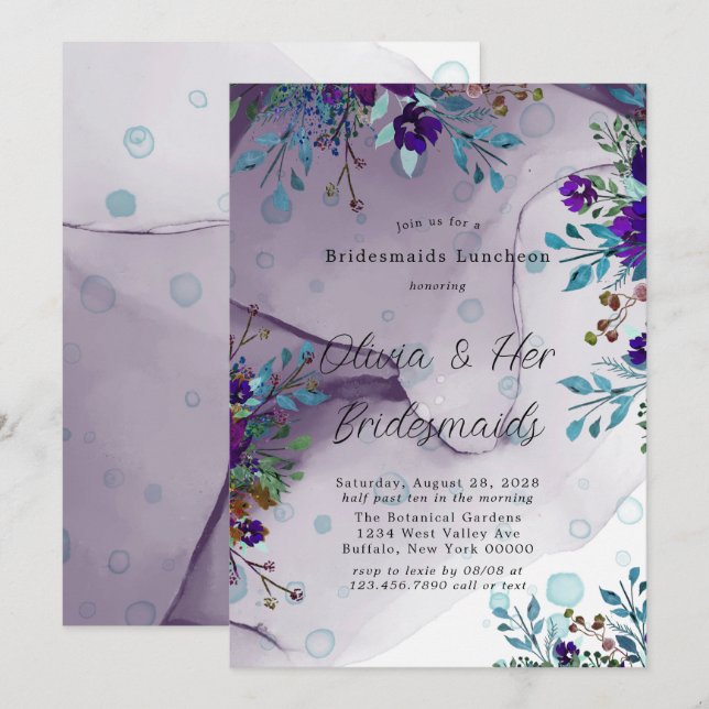 Purple Teal Botanical Floral Bridesmaids Luncheon Invitation (Front/Back)