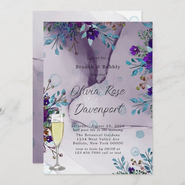 Purple Teal Botanical Floral Brunch & Bubbly Invitation (Front/Back)