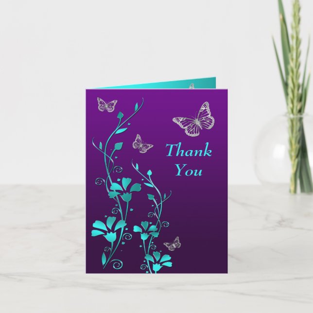 Purple, Teal Butterfly Floral Thank You Note Card (Front)