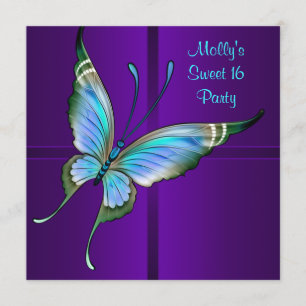 Purple Teal Butterfly Sweet 16 Birthday Party Invitation