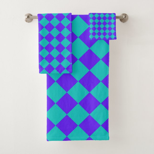 Purple Teal Chequered Diamond Pattern  Bath Towel Set (Insitu)