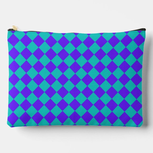 Purple Teal Chequered Diamond Pattern Large Accessory Pouch (Front)