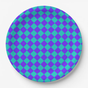 Purple Teal Chequered Diamond Pattern Paper Plate